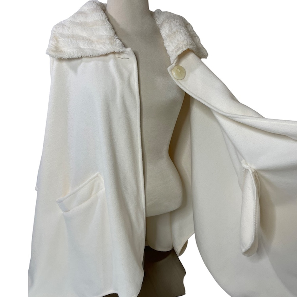 Luxury Cape Coat Fur Collar Button Shawl Wrap Winter White Ivory Whimsy Coquette - Picture 11 of 13